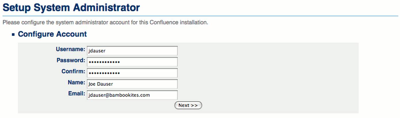 Confluence administrative user details entry.