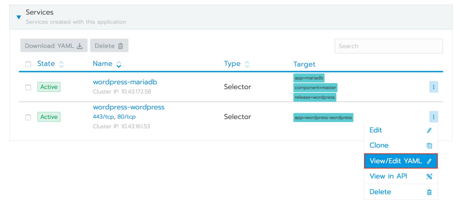 Rancher Services section - View/Edit YAML option highlighted