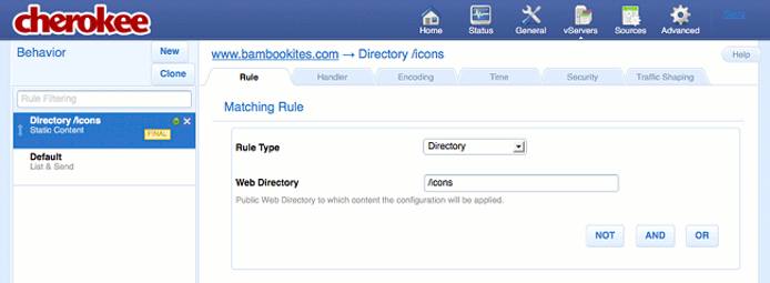Deleting rules on the Rule tab of the vServers page of the Cherokee admin panel on Fedora 13.