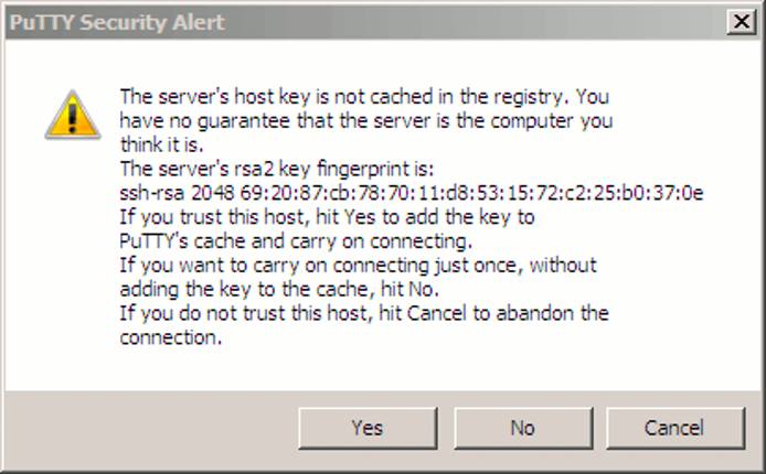 An SSH key alert in PuTTY.