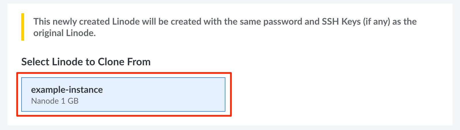 Screenshot showing the Compute Instance selection area of the Clone Linode workflow.